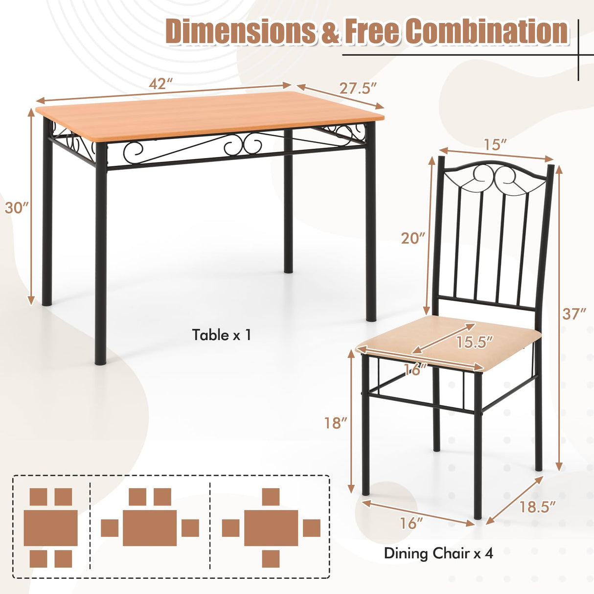 5-Piece Dining Table Set, Rectangular Dining Table with 4 Cushioned Chairs