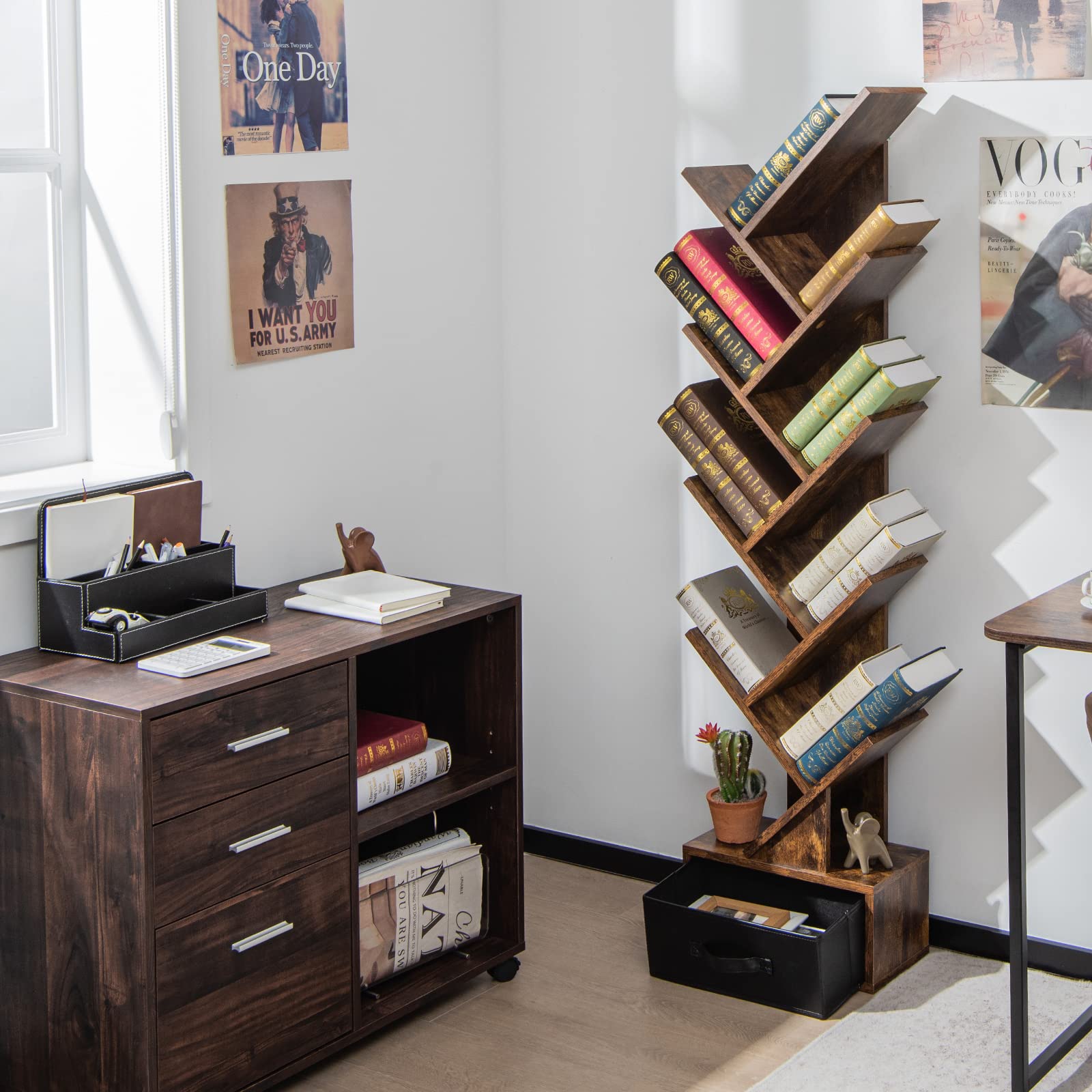 Tree Bookshelf with Drawer, 10 Shelf Space Saving Rustic Brown Wooden Bookcase