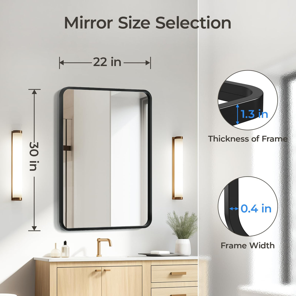 Mirror for Over Sink 22 x 30 Inch, Matte Black Rectangle Mirror for Wall, Rounded Metal