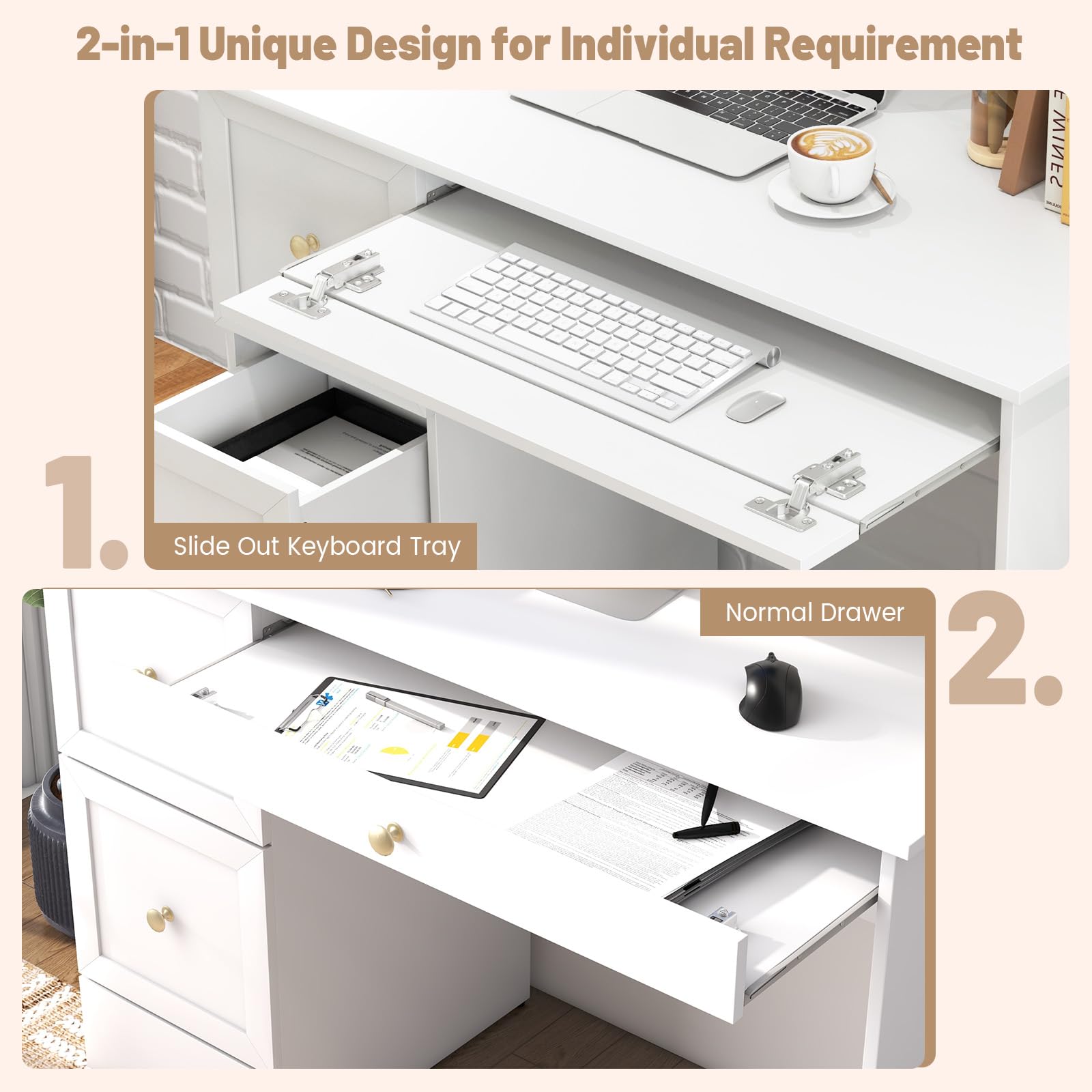 White Desk with 3 Drawers, Wooden Home Office Desk PC Laptop Notebook Desk