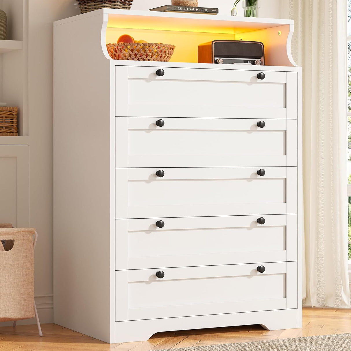 EnHomee Dresser for Bedroom White Dresser with LED Tall Dresser with 5 Wood Drawers White Dresser for Bedroom, Bedroom Dressers & Chests of Drawers, 5 Drawer Dresser, Tall Dressers for Bedroom