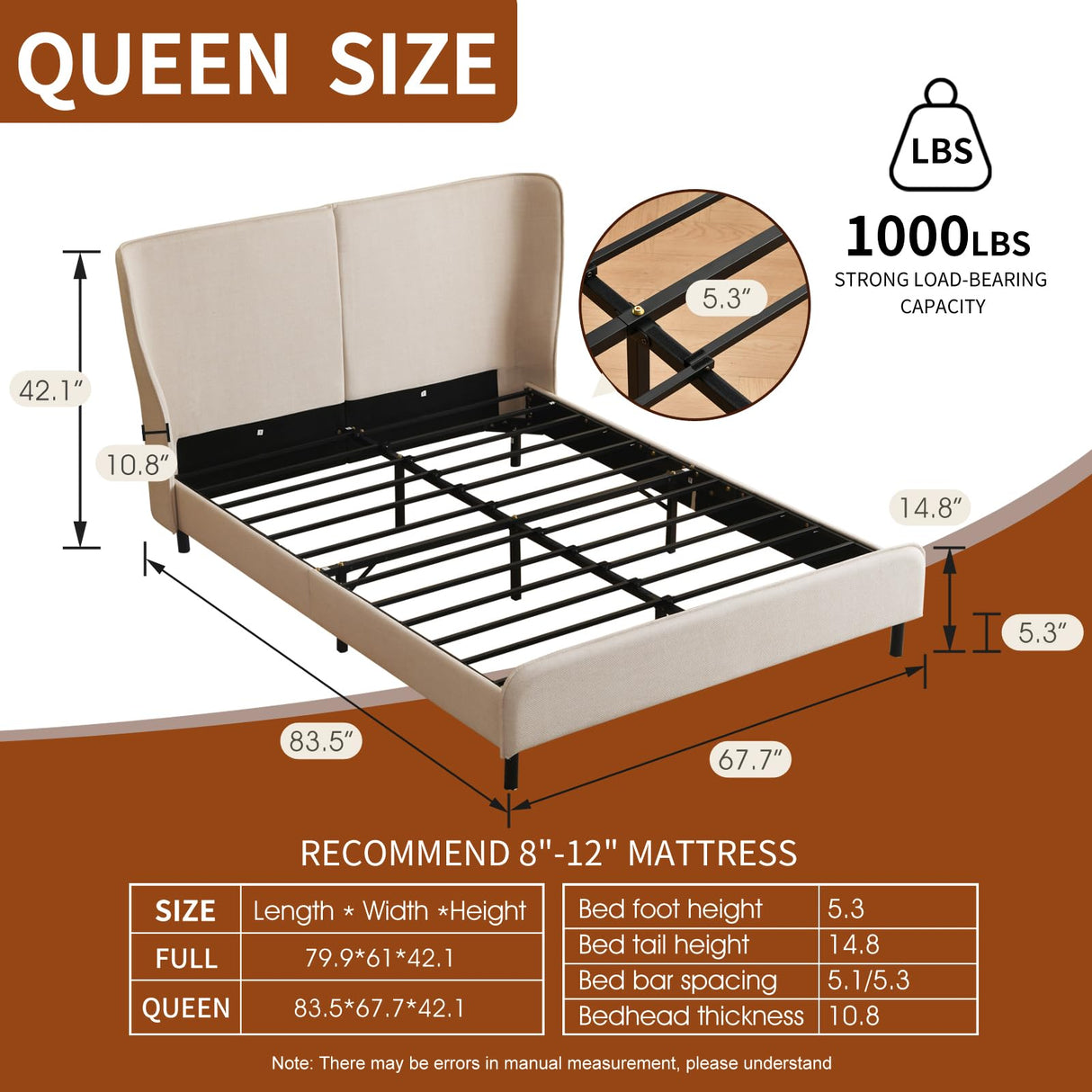 Queen Upholstered Platform Bed with Wingback Rounded Headboard, Solid Wood