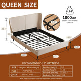 Queen Upholstered Platform Bed with Wingback Rounded Headboard, Solid Wood