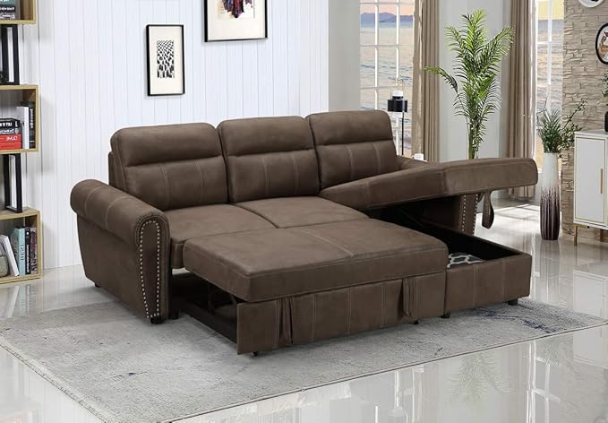 Shaped Corner Sleeper Sectional Sofa Modern Linen Upholstered Convertible Sofabed