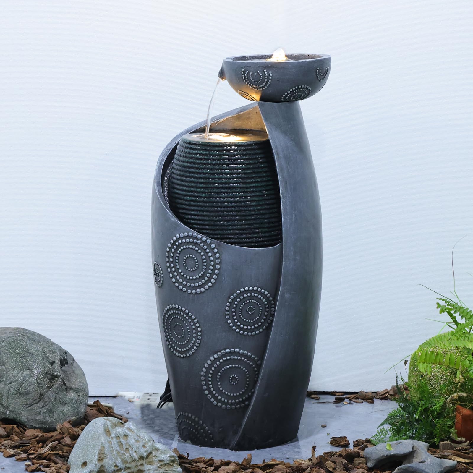 Vase Outdoor Water Fountain, 31.4''H Jar Waterfall Fountain with Warm LED Lights&Durable