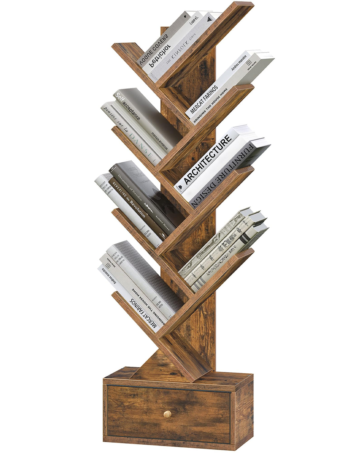 Yzosvki 9 Tier Tree Book Shelf with Drawer, Floor Standing Bookshelf Storage Organizer Bookshelves for Books/CDs, 9 Shelf Narrow Bookcase for Sturdy Room, Bedroom, Living Room, Rustic Brown