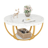 Tribesigns Modern Coffee Table, 2 Tier Round Coffee Table with Faux White Marble and Golden Metal Legs,