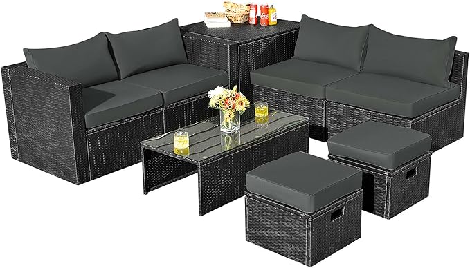 8PCS Rattan Patio Sectional Furniture Set, Wicker Conversation Set
