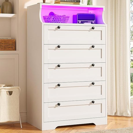 Black Dresser with LED Lights, Wood Dresser for Bedroom with Wide Large Drawers