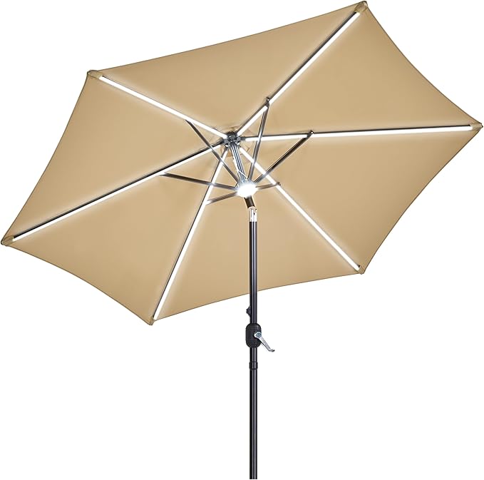 9FT Solar Lighted Patio Umbrella Large Outdoor Umbrella with Strip Lights & Hub Light