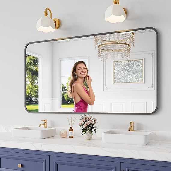 30x55 Matte Black Rectangle Bathroom Mirror