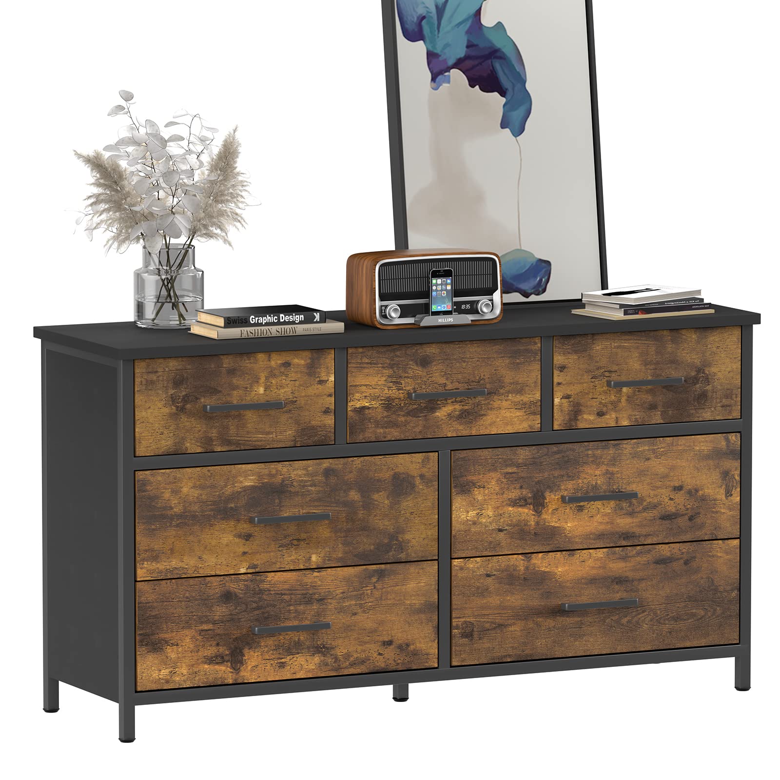 7 Drawer Wood Dresser, Industrial Wood Storage Dresser Clothes Organizer