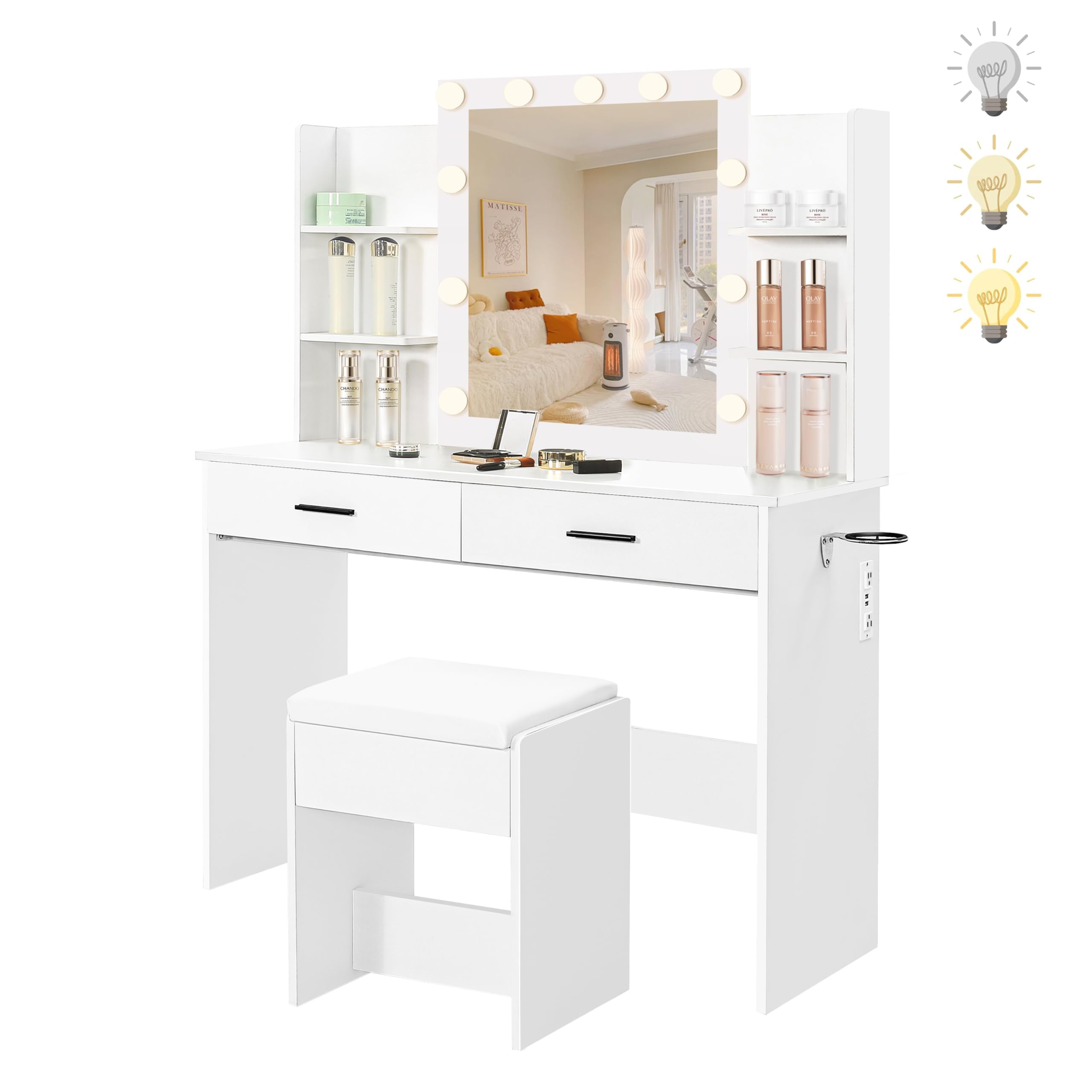 Makeup Vanity Desk with Mirror and Lights, Vanity Table with Large Drawer