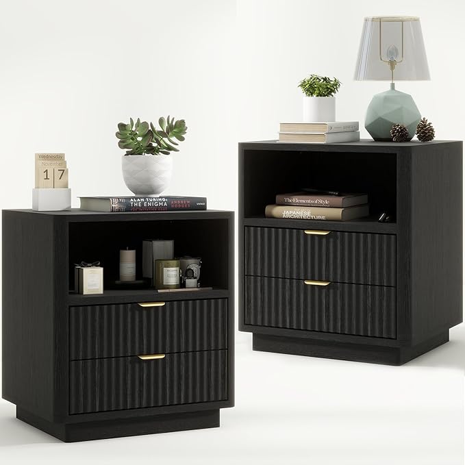 Set of 2, Black Night Stands with 2 Drawers and Open Shelves, Wooden Bedside Table Modern Design End Table for Bedroom Sofa Office (2, Black)