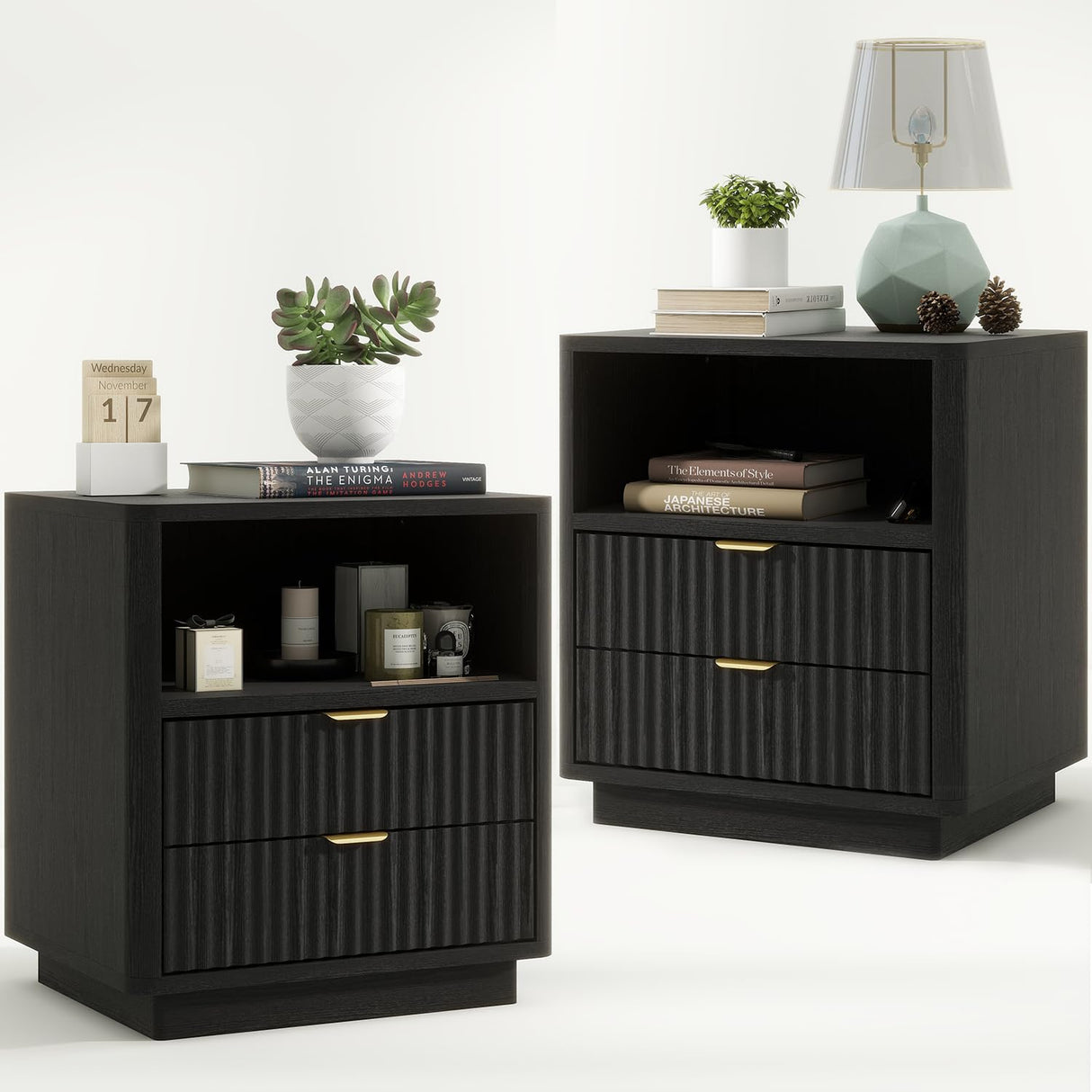 Set of 2, Black Night Stands with 2 Drawers and Open Shelves, Wooden Bedside Table Modern Design End Table for Bedroom Sofa Office (2, Black)