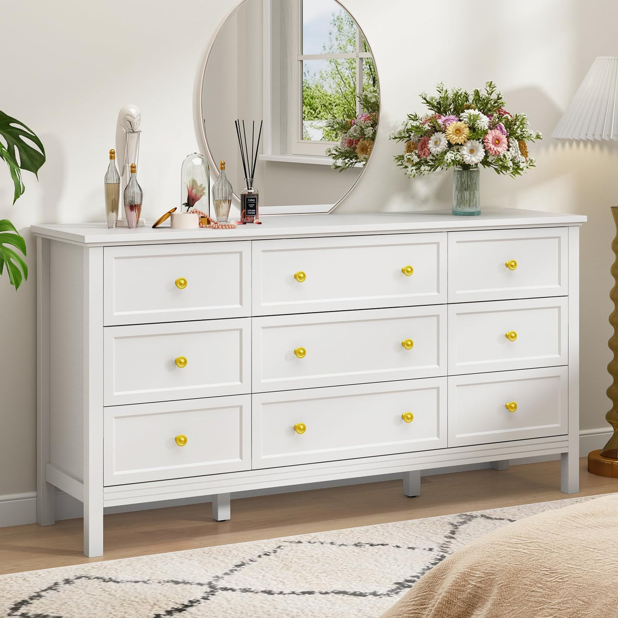 White Dresser for Bedroom, 9 Drawer Dresser with Wide Drawers and Gold Metal Handles