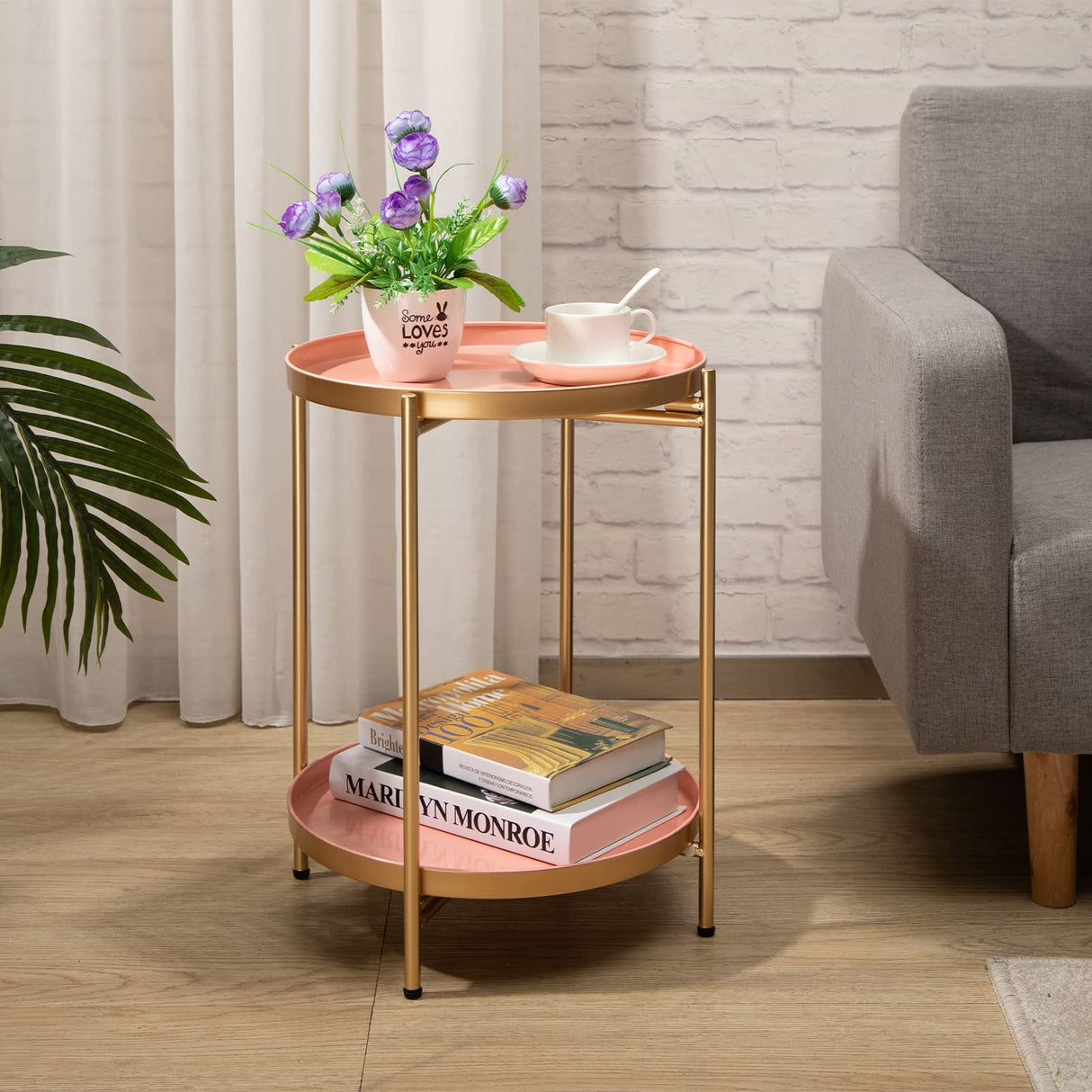 2-Tier Round Metal End Side Table, Accent Anti-Rust Simplistic Sofa Table