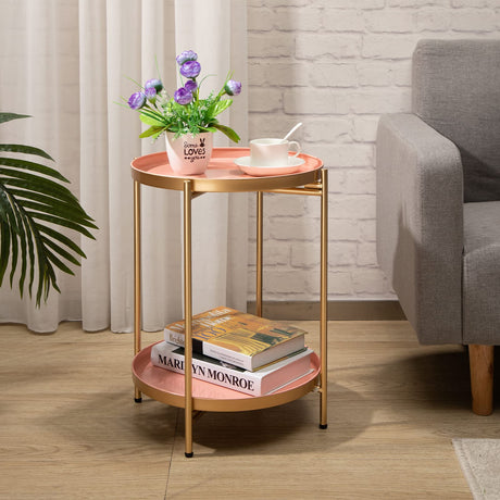 2-Tier Round Metal End Side Table, Accent Anti-Rust Simplistic Sofa Table