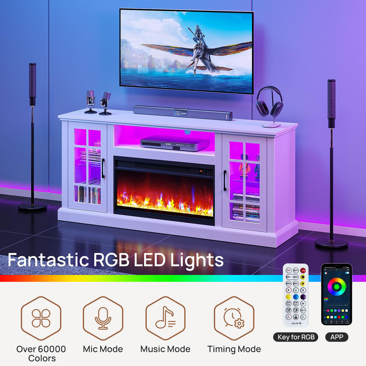 White Fireplace TV Stand with LED Lights & Power Outlets - 65 Inch
