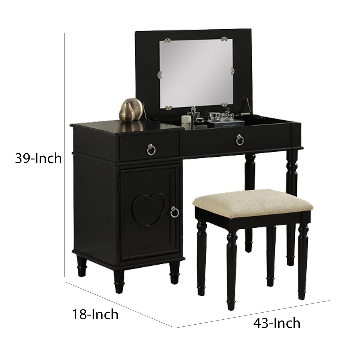 Seraph Featuring Stool and Mirror Black Vanity Set,