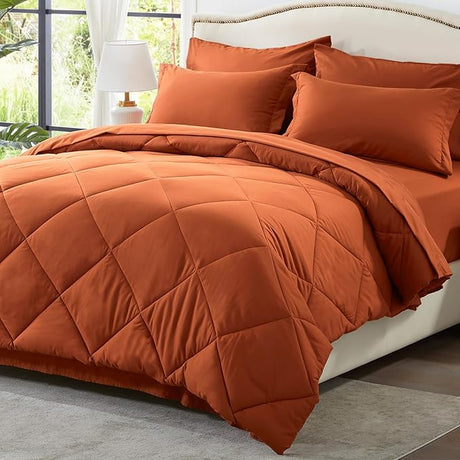 Queen Comforter Set 7 Piece, Burnt Orange Bed in a Bag with Sheets, Comforters Queen Size Bedding Sets with 1 Comforter,