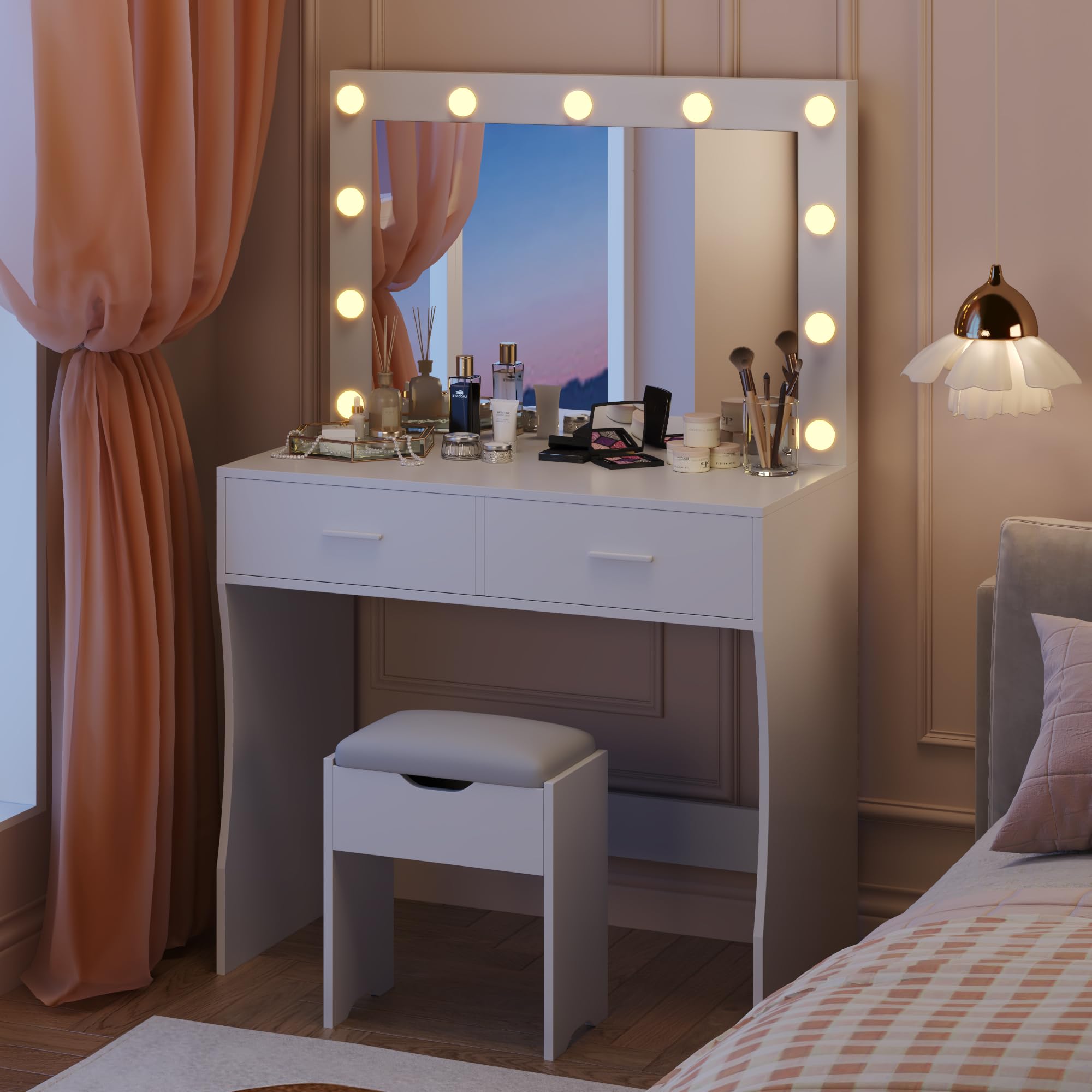 Vanity Desk with Mirror, 11 Adjustable LED Lights in 3 Colors, 2 Spacious Drawers