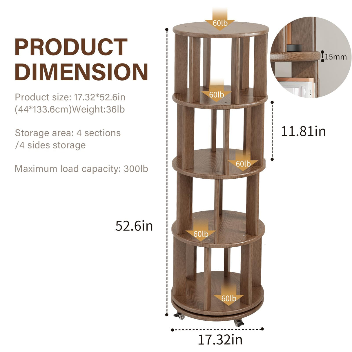 Solid Wood Rotating Bookshelf with Brake Wheels, 360°Display 4 Tier Floor Stackable Spinning Bookshelf Tower for Kids&Adults,