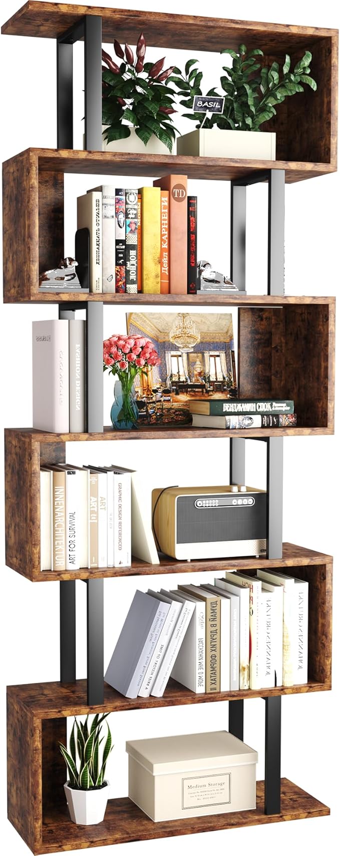 Bookshelf 5-Tier, Geometric Bookcase S Shaped Book Shelves for Bedroom