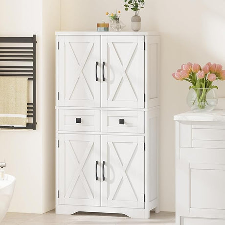 Bathroom Storage Cabinet with 2 Drawers and Barn Doors, Kitchen Pantry Cabinet