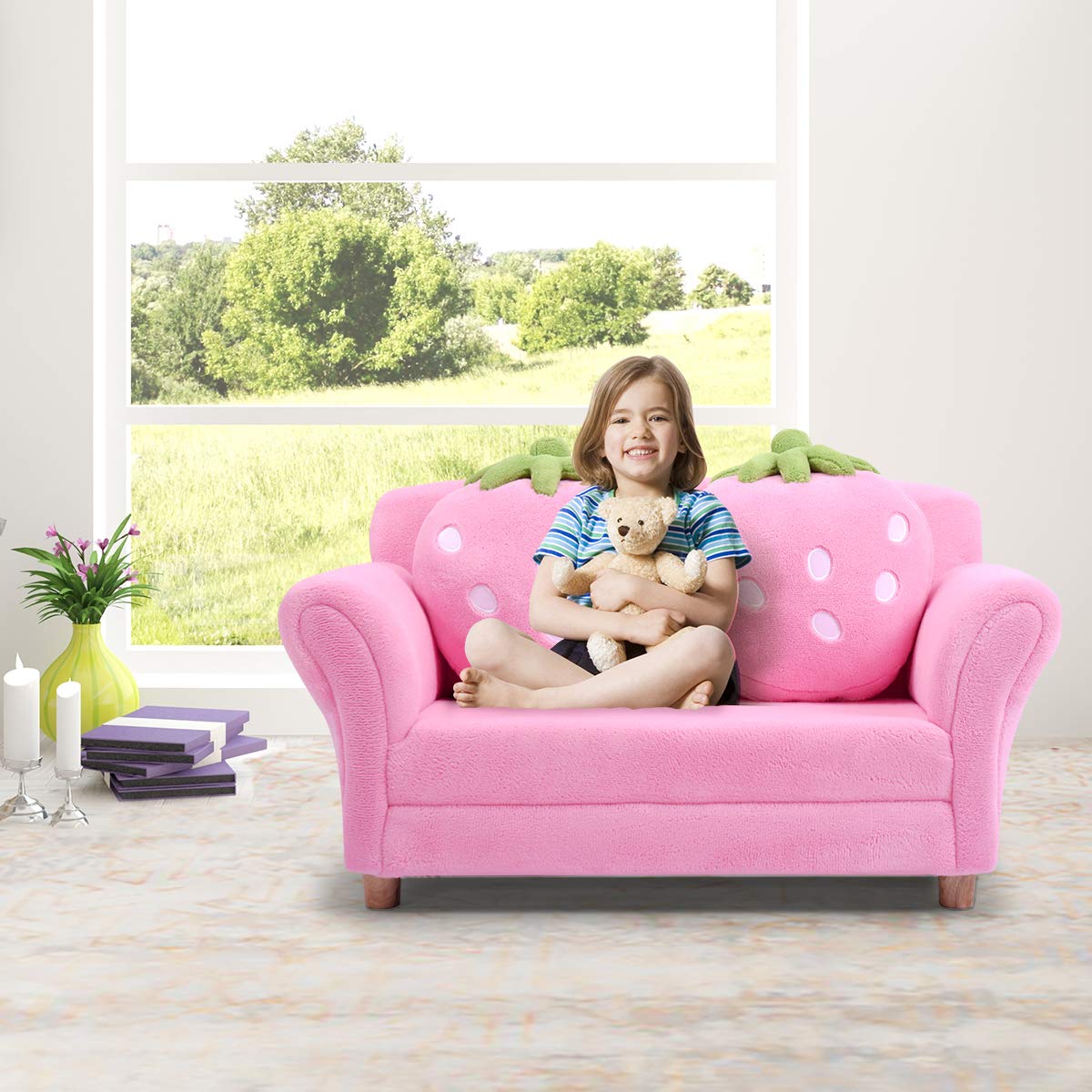 Upholstered Toddler Couch Chair with Ergonomic Back & 2 Strawberry Pillows, Double Seat Toddler Armchair for Boys Girls