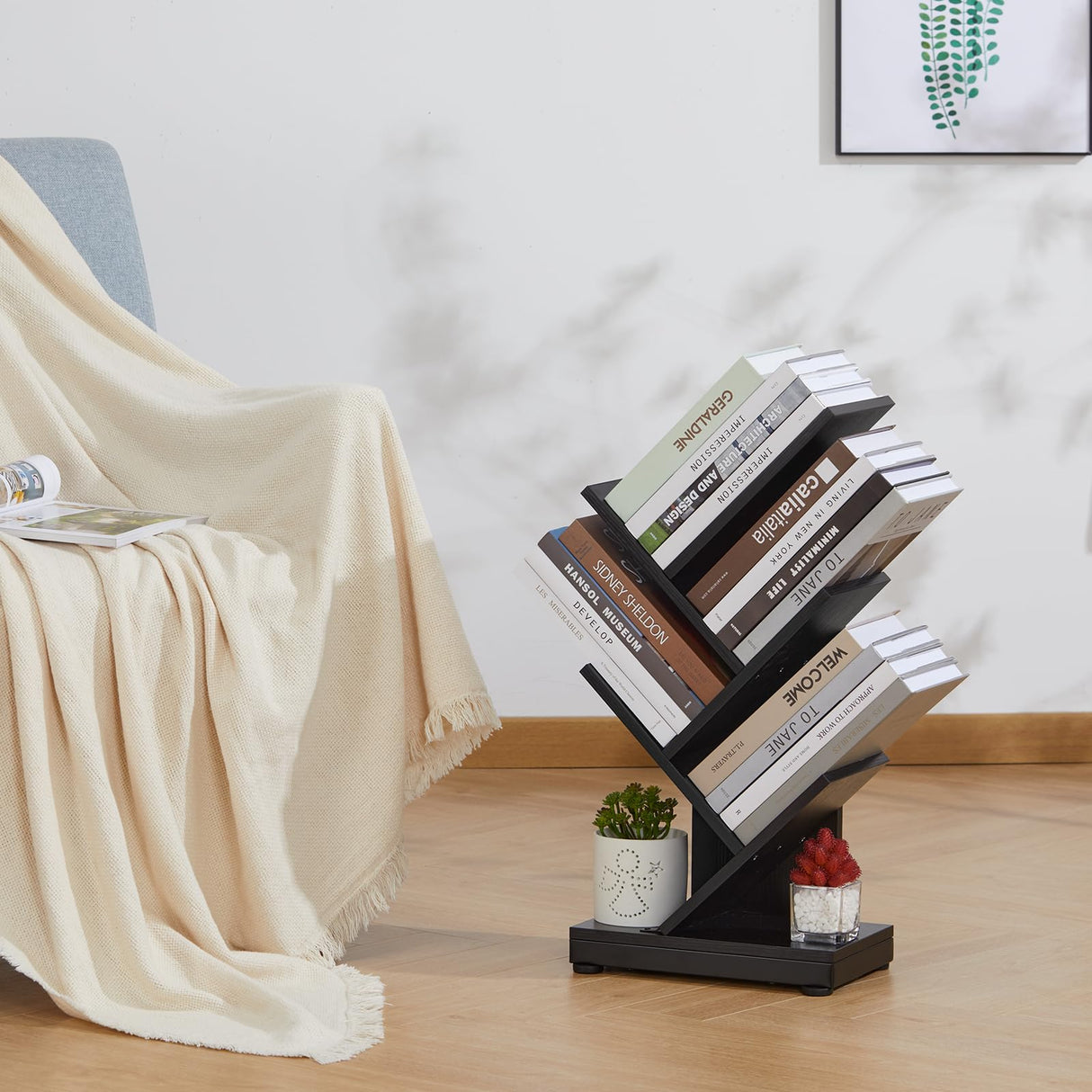 4-Shelf Tree Bookshelf, 4 Tier Floor Standing Bookcase for CDs/Magazine/Books