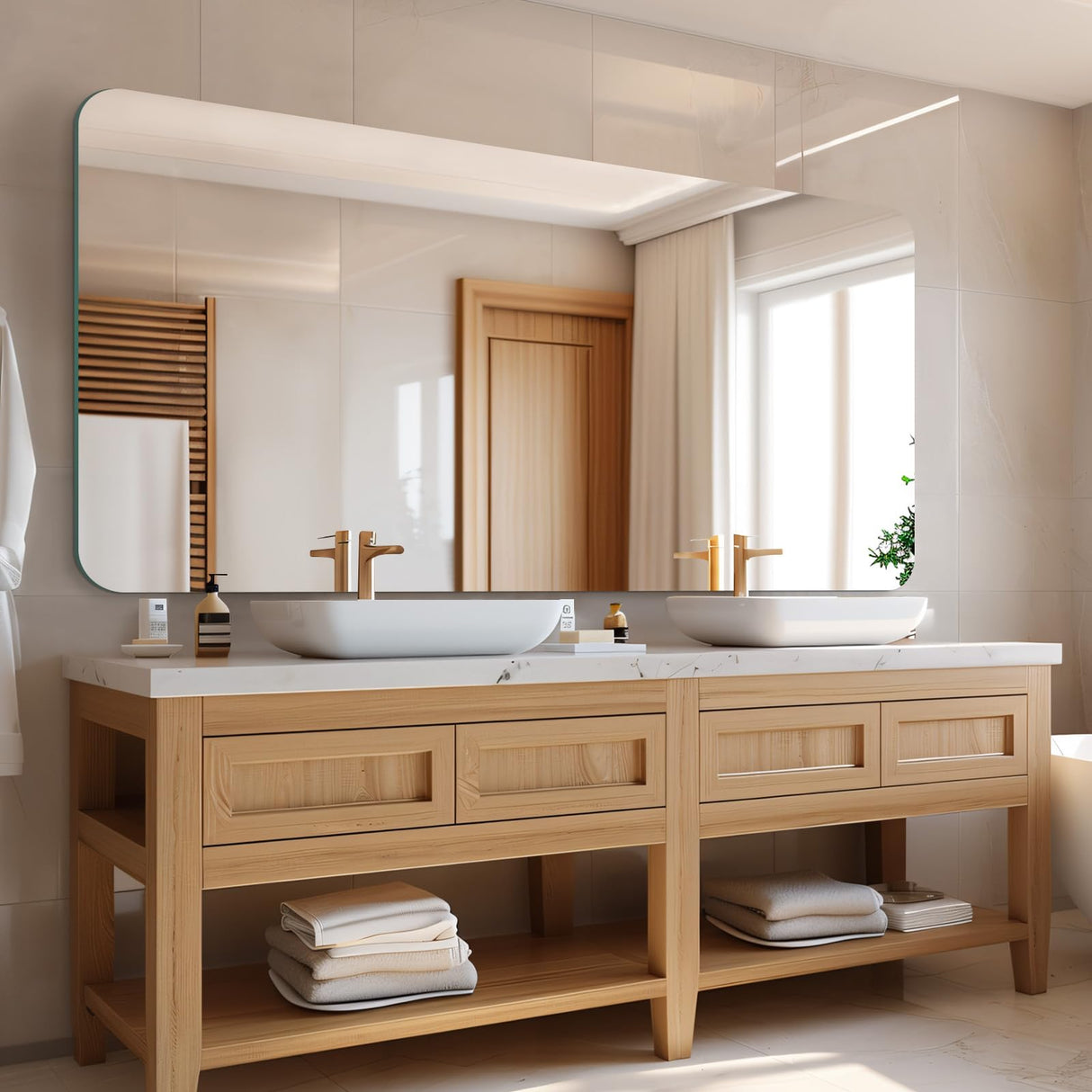 Frameless Bathroom Mirror, Rounded Corner Bathroom Vanity Mirror