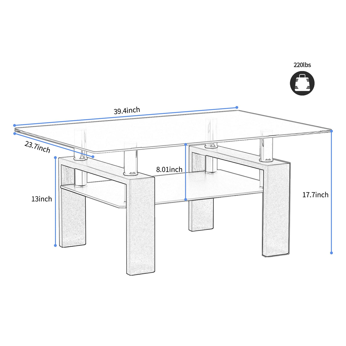 Rectangle Glass Coffee Table 2-Tier Tea Table Modern Side Coffee Table