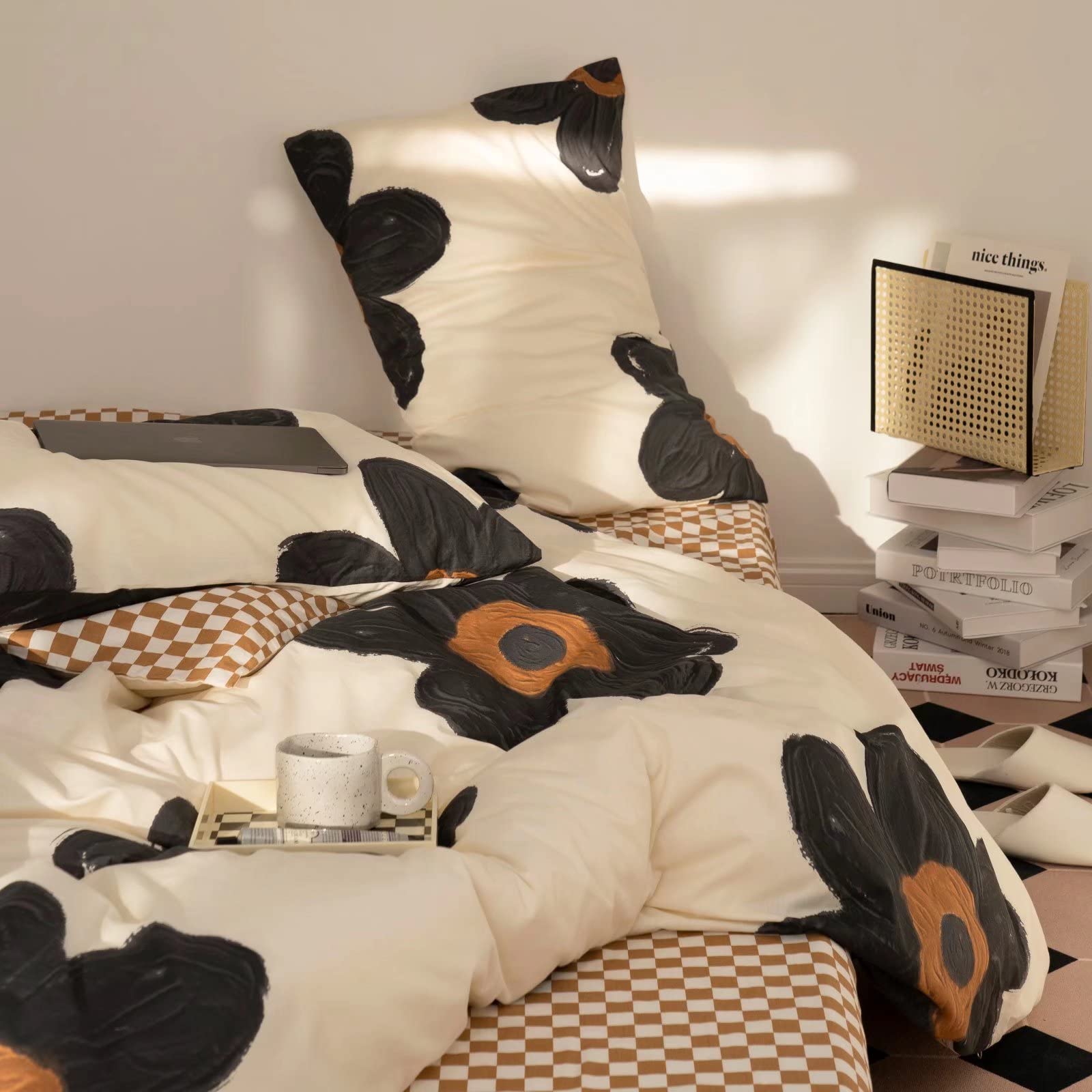 Black Floral Comforter Sets Twin Women Girls White and Black Botanical Bedding Sets