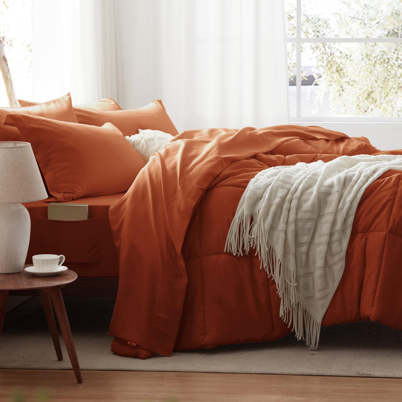 Queen Comforter Set 7 Piece, Burnt Orange Bed in a Bag with Sheets, Comforters Queen Size Bedding Sets with 1 Comforter,