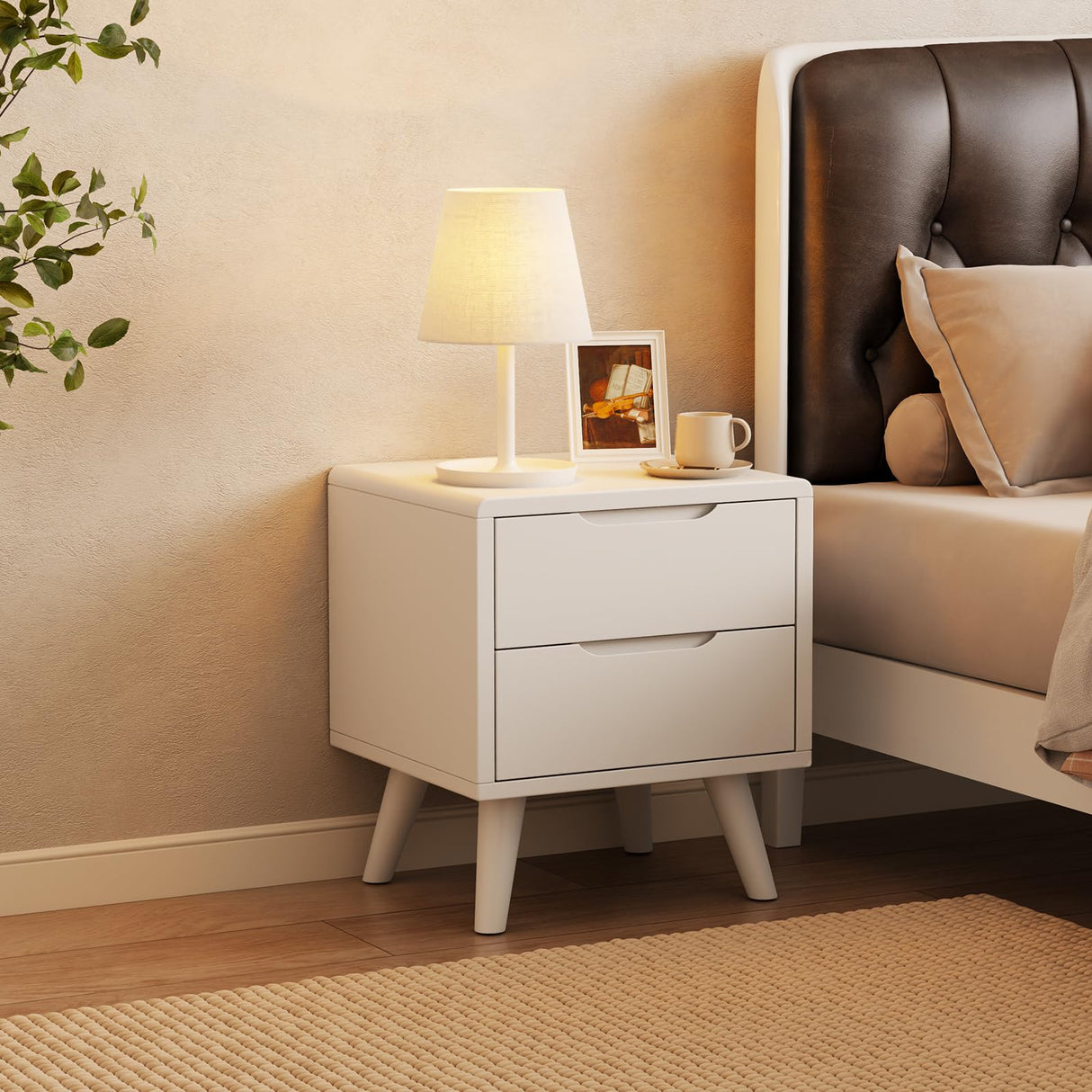 Solid Wood Nightstand with Drawers, Mid-Century Modern Nightstand, 2 Drawer Storage Cabinet Wooden Nightstand for Bedroom, Living Room White Nightstand.