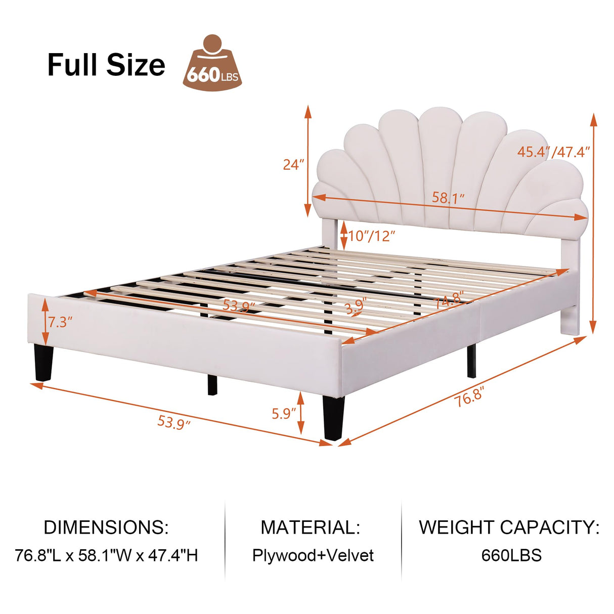 Full Size Upholstered Platform Bed, Platform Bed with Flower Pattern Velvet Headboard,