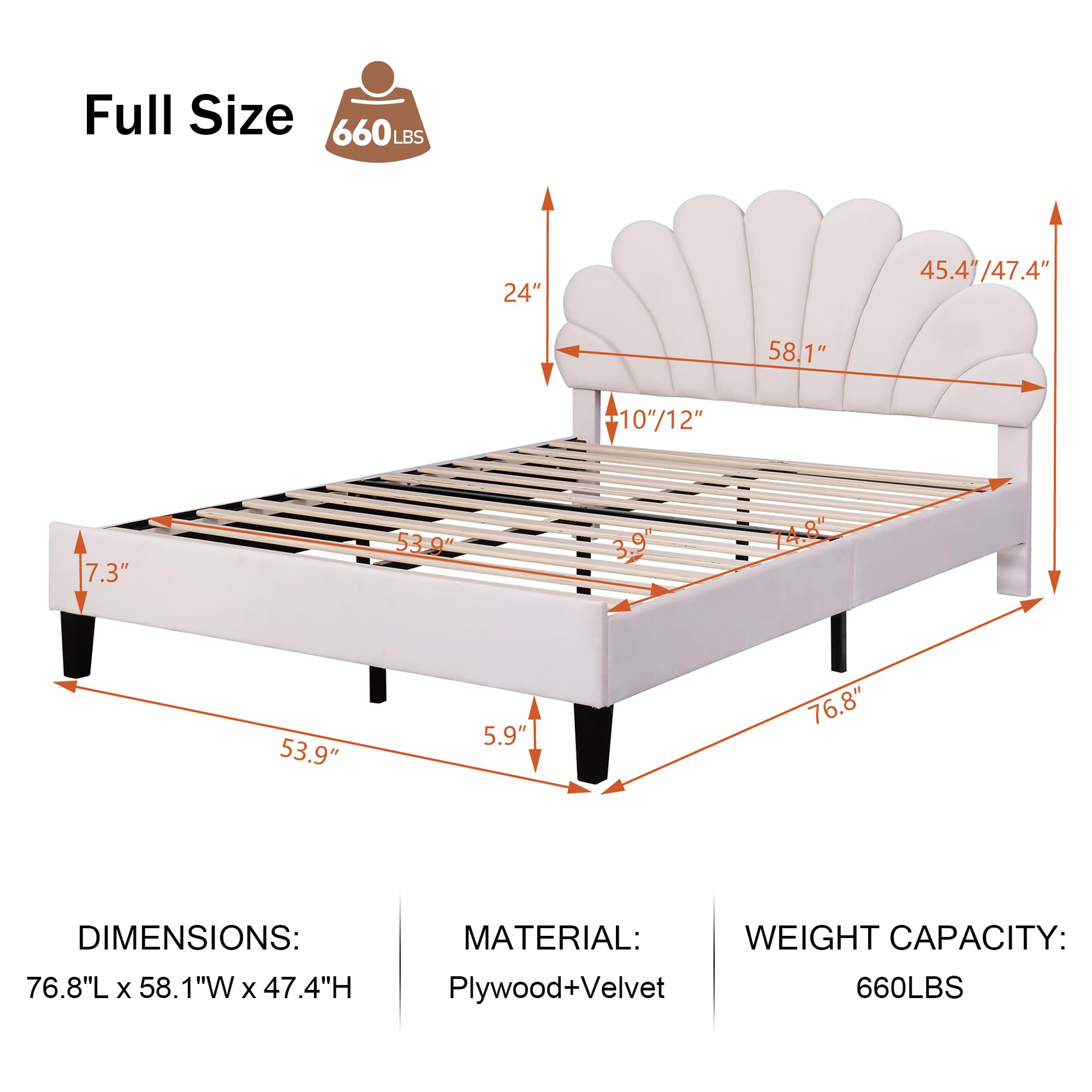 Full Size Upholstered Platform Bed, Platform Bed with Flower Pattern Velvet Headboard,