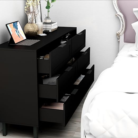 TaoHFE 6 Black Dresser for Bedroom Modern Black Chest of Drawers for Nursery Wood Dresser for Kids Horizontal Dressers & Chests of Drawers for Bedroom Living Room (Black/ 6 Drawer)