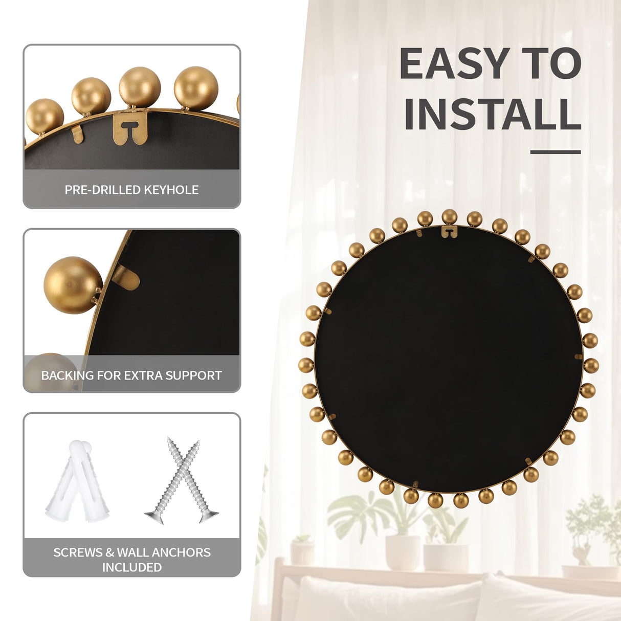 Antique Gold Round Mirror with Beveled Glass - 30 Inch Beaded Decorative Wall Mirror