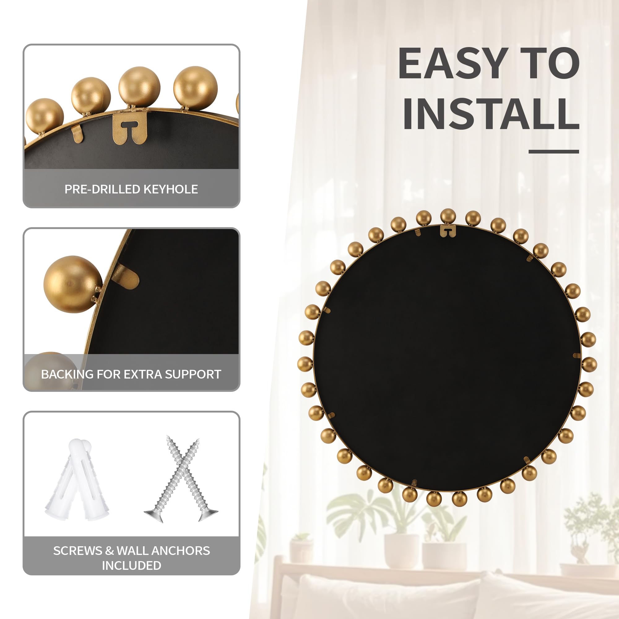 Antique Gold Round Mirror with Beveled Glass - 30 Inch Beaded Decorative Wall Mirror