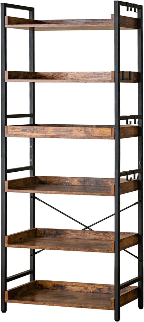 Adjustable 6 Tier Open Bookcase, Rustic Farmhouse Book Shelves, Industrial Wood and Black Metal Bookshelves, Mid Century Bookcase for Home Office Living Room Bedroom