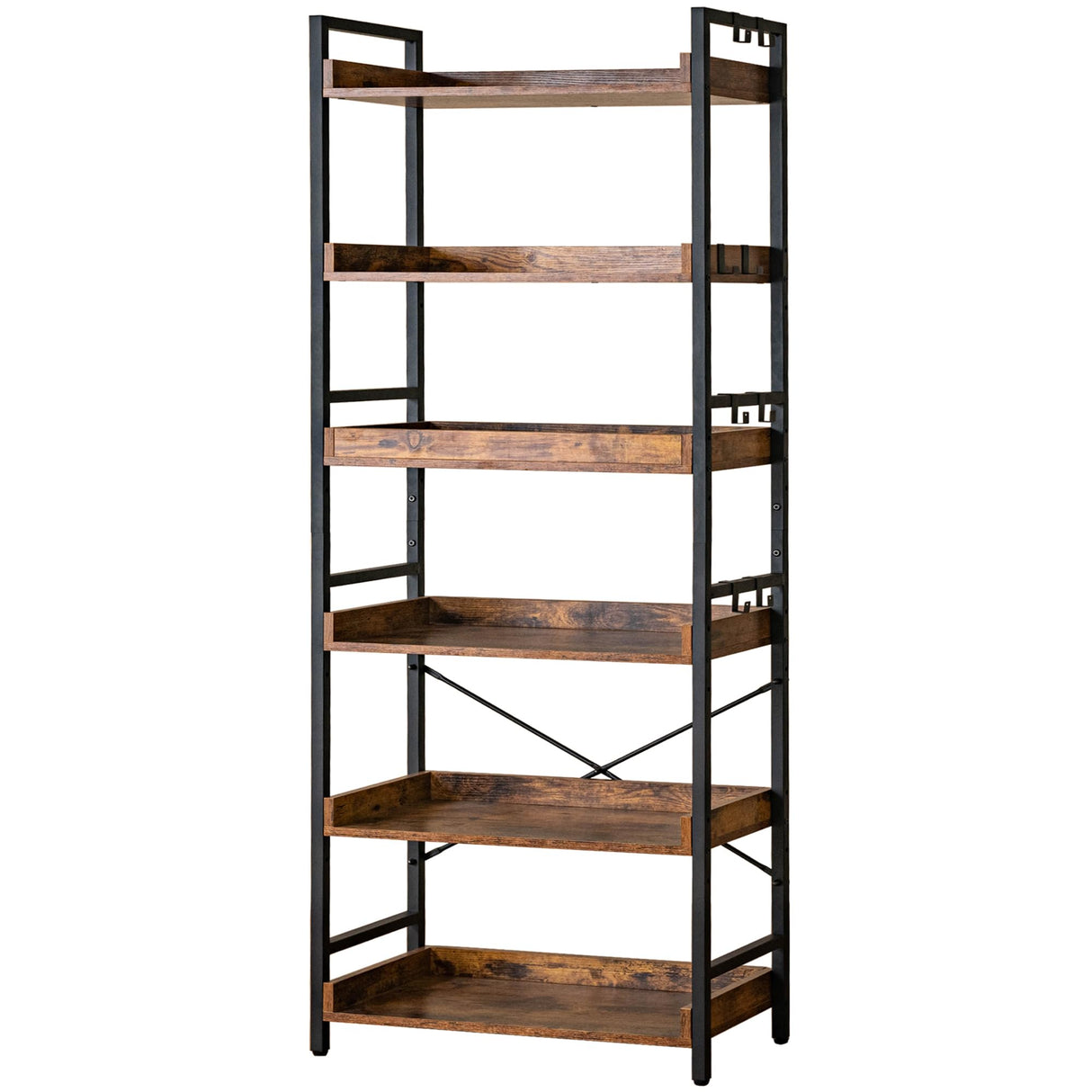 Adjustable 6 Tier Open Bookcase, Rustic Farmhouse Book Shelves, Industrial Wood and Black Metal Bookshelves, Mid Century Bookcase for Home Office Living Room Bedroom