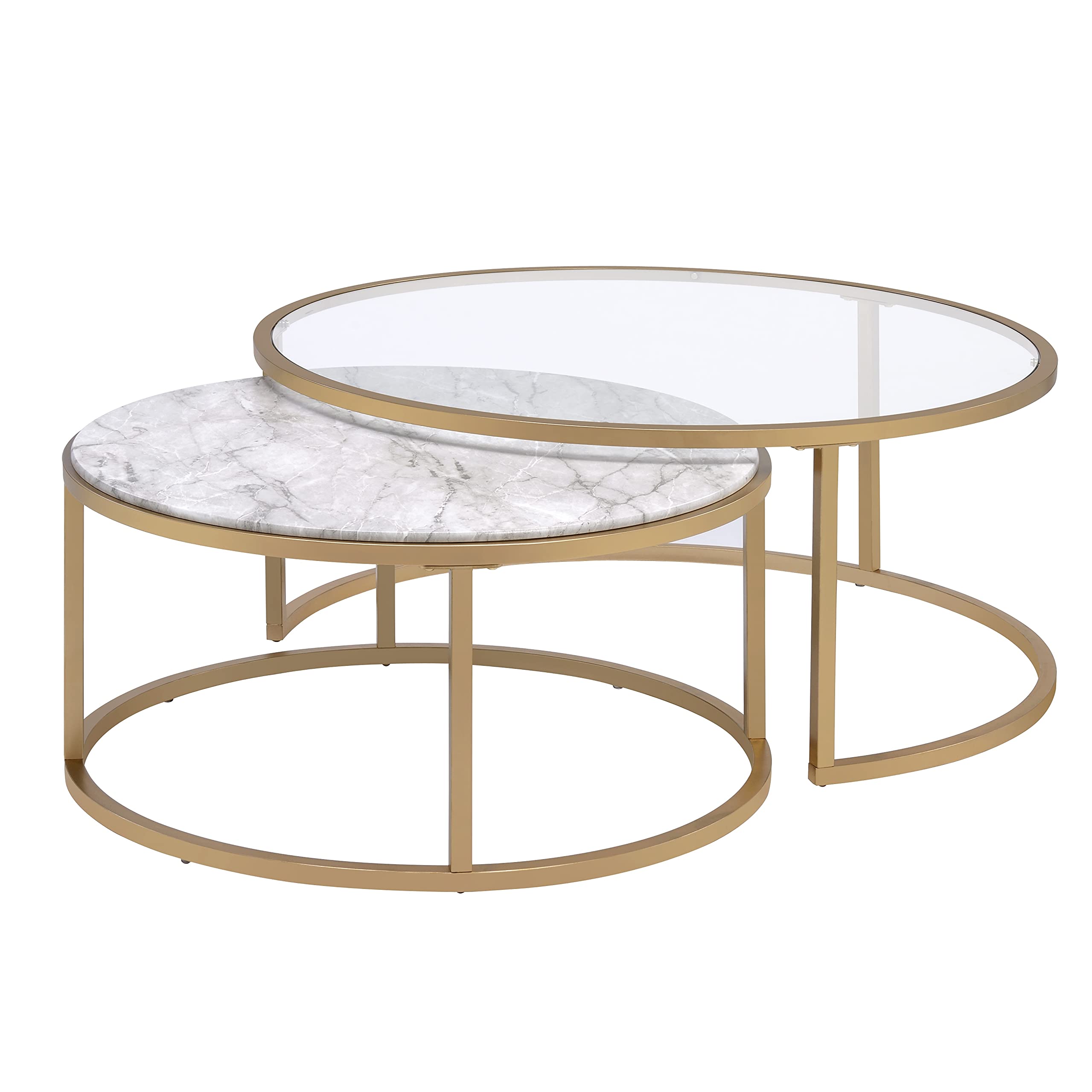 HABITRIO Coffee Table Set, 2 Pc Metal Tube Frame with Glass Top and Faux Marble Top Nesting Sofa Side Table, Fit for Living Room, Office