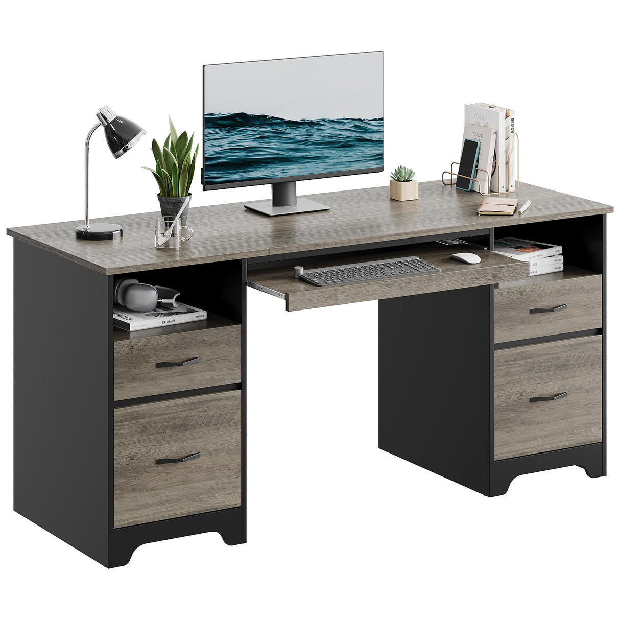 Bestier 59” Computer Desk with 4 Drawers, Office Desk with Storage, Industrial Executive Desk with File Drawer, Keyboard Tray & 2 Pedestals on Both Sides for Home Office & Studio, Grey