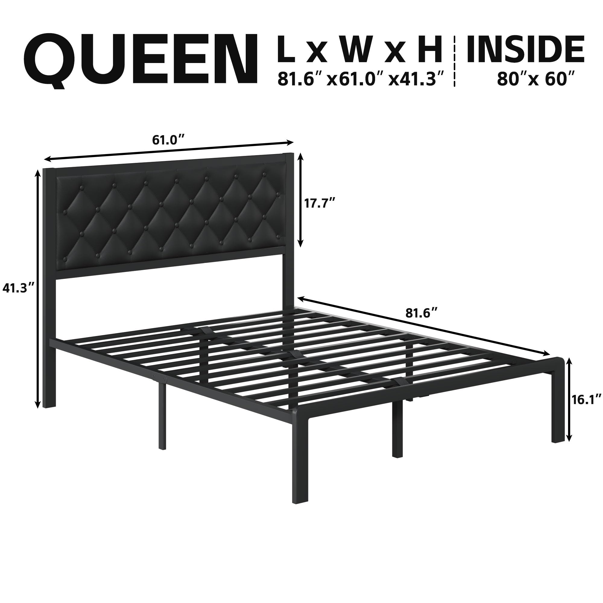 Queen Bed Frame with Headboard PU Leather Upholstered Bed Frame Platform,All Metal
