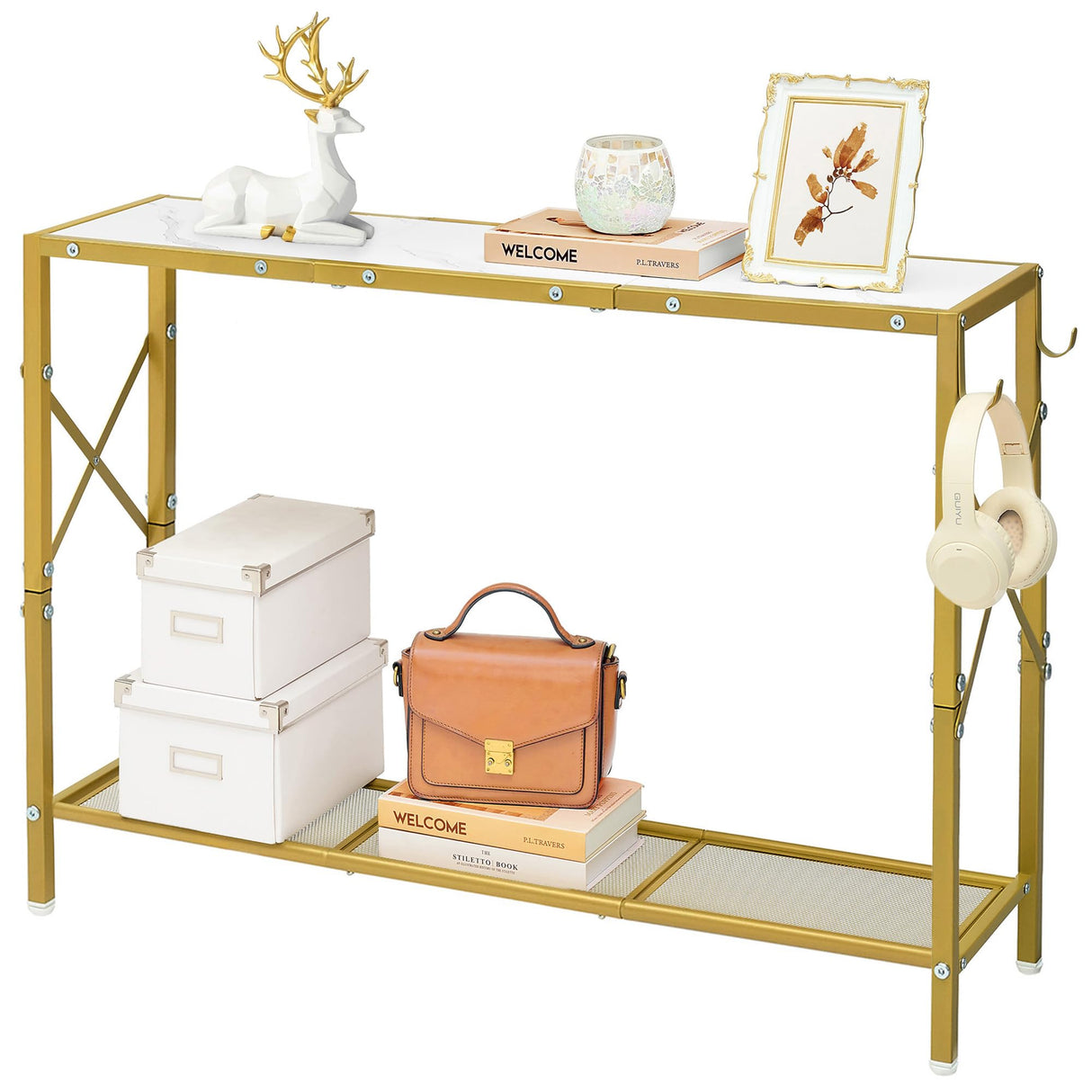 Gold Console Table, 2 Tier Narrow Entryway Table with Shelves and Hooks,