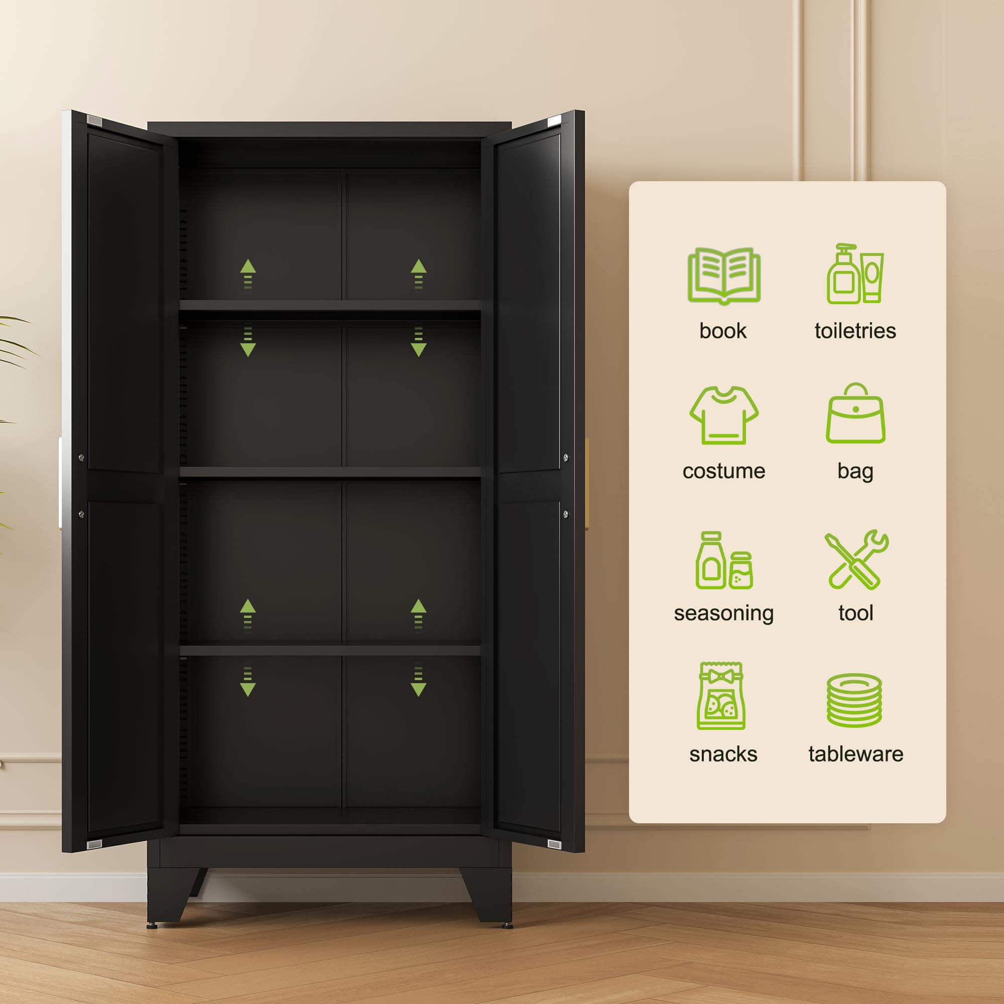 61" Tall Farmhouse Metal Pantry Cabinet, Kitchen Pantry Storage Cabinets