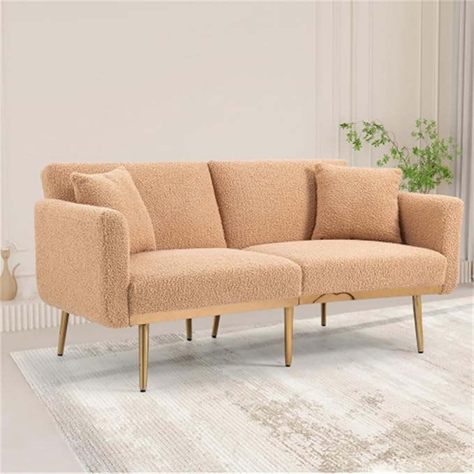 Convertible Futon Sofa Bed, Teddy Upholstered Folding Sleeper Sofa with Adjustable Backrest and 2 Pillows