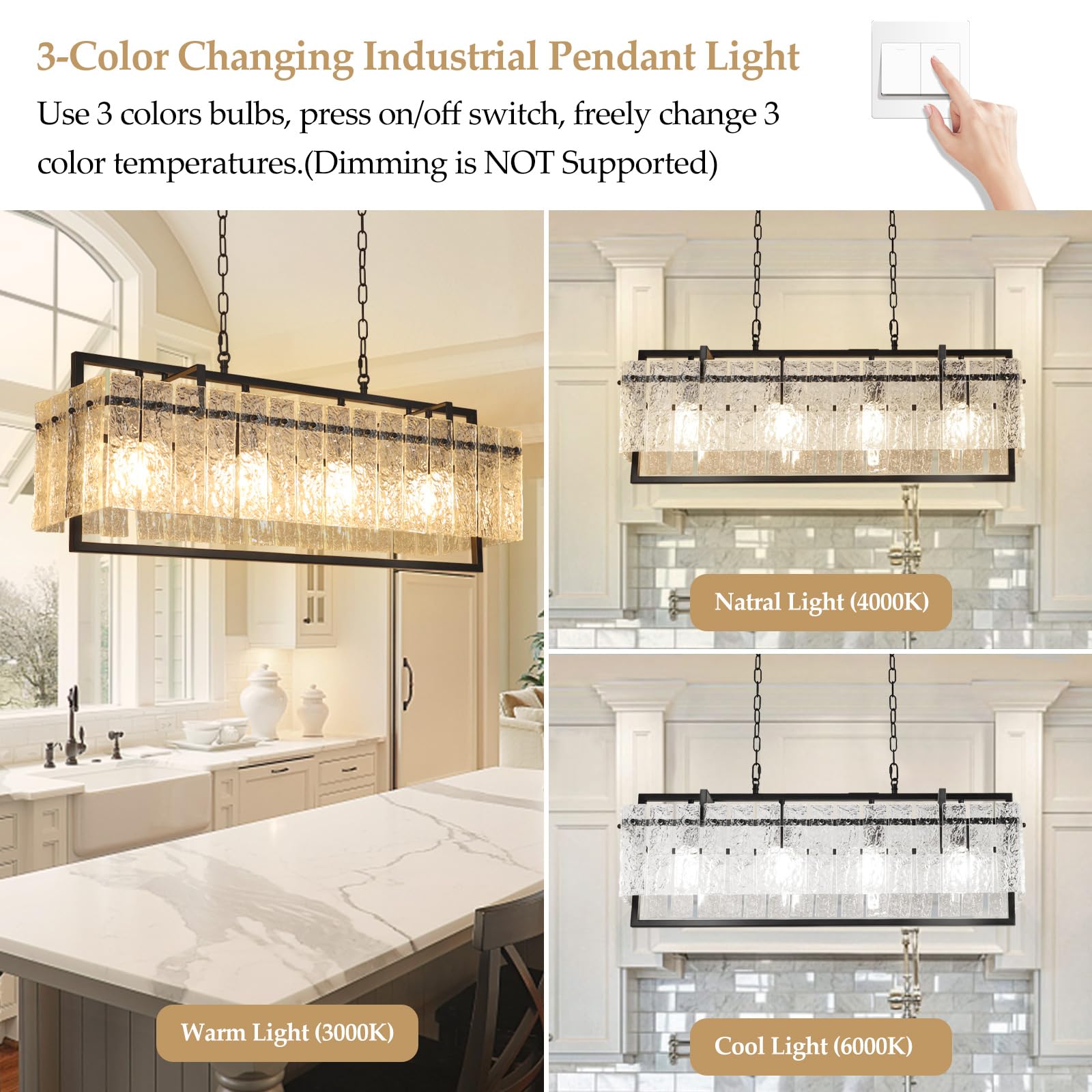 Modern Rectangular Crystal Chandelier, 4-Light Black Linear Farmhouse Lighting, 34”